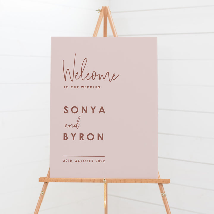 Modern wedding welcome sign designed and printed in Australia. Free shipping. Dusty pink welcome sign.