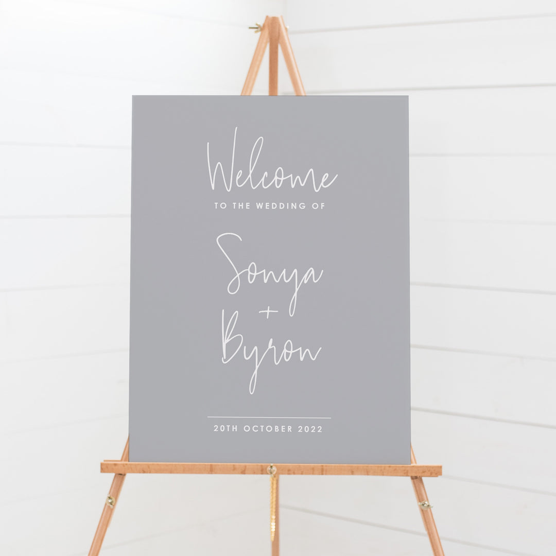 Modern wedding welcome sign designed and printed in Australia. Free shipping. Grey and white welcome sign.