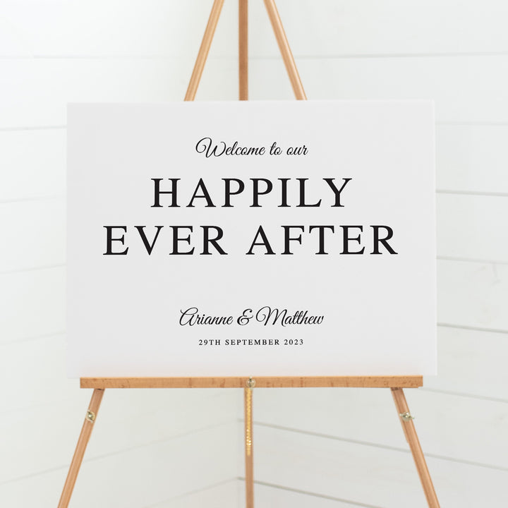 Timeless wedding welcome sign in Black and White. Happily Ever After heading. Printed on PVC Foamboard Peach Perfect Australia