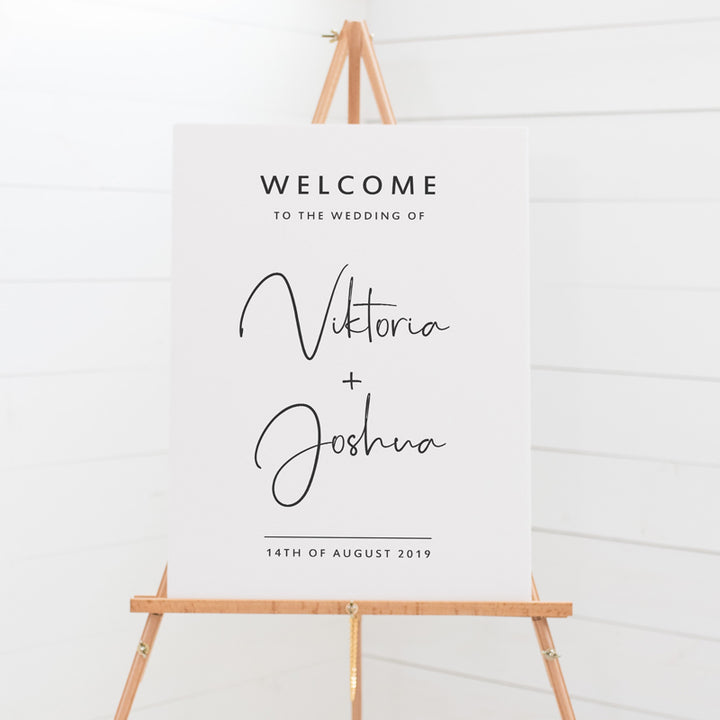 Modern minimal wedding welcome sign with script font for bride and grooms names, professionally printed and mounted to board in Australia