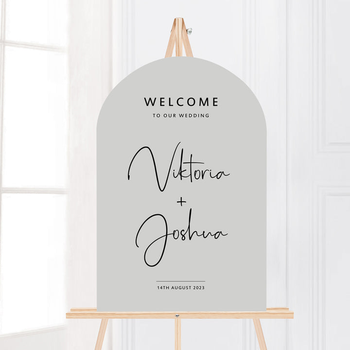 Modern arch wedding welcome sign in pale grey, professionally printed and mounted to board in Australia