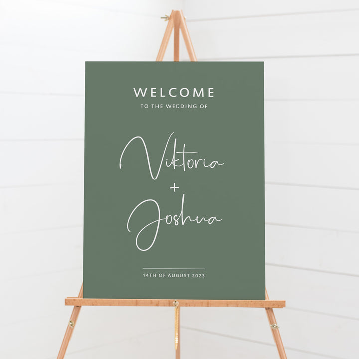 Modern minimal wedding welcome sign in seedling green and white, professionally printed and mounted to board in Australia