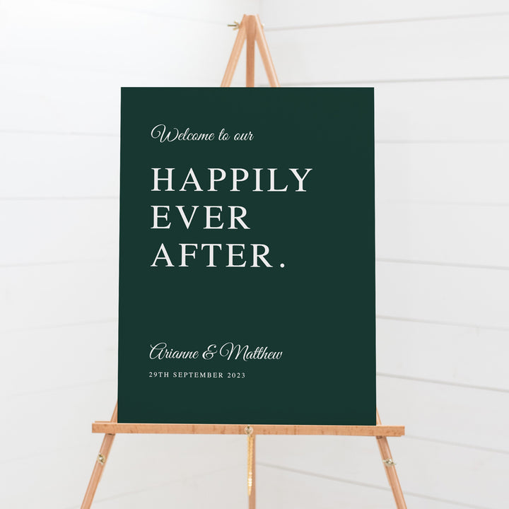 Timeless wedding welcome sign in Hunter Green and white. Printed on PVC Foamboard Peach Perfect Australia