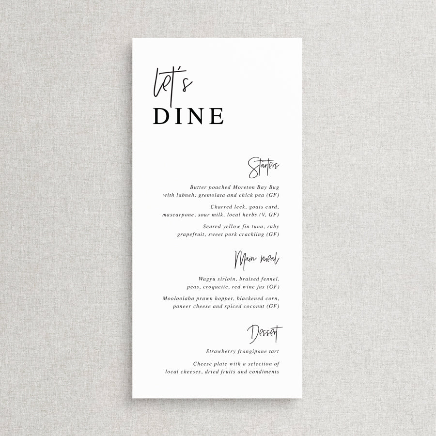 Modern wedding menu in black and white. Guest names on each menu and lets feast for heading. Designed and printed in Australia.