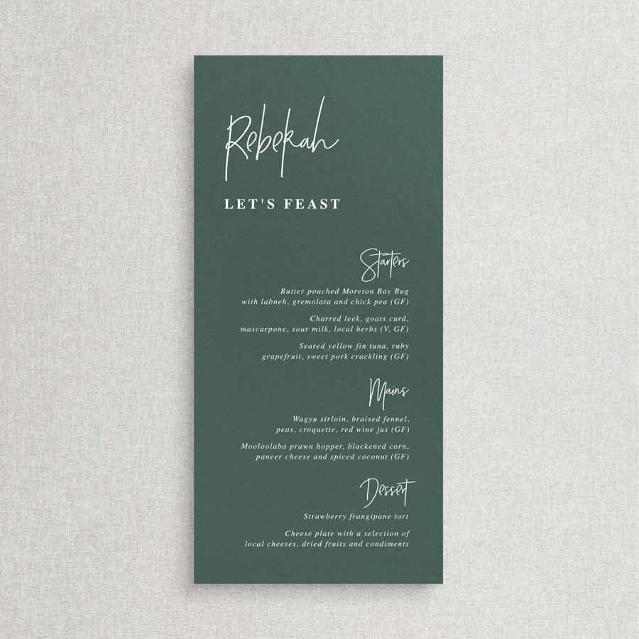 Modern wedding menu on green cardstock with white ink. Guest names on each menu and lets feast for heading.