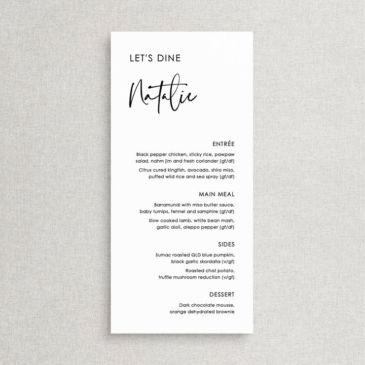 Modern wedding menu with Lets Dine for heading and guest name printing. Black and white menu card. Designed in Australia.