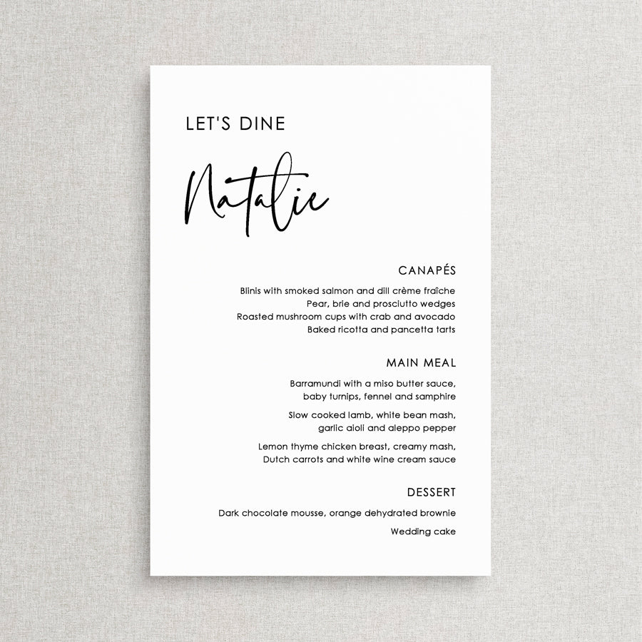 Modern wedding menu with Lets Dine for heading and guest name printing. Black and white menu card. Designed in Australia.