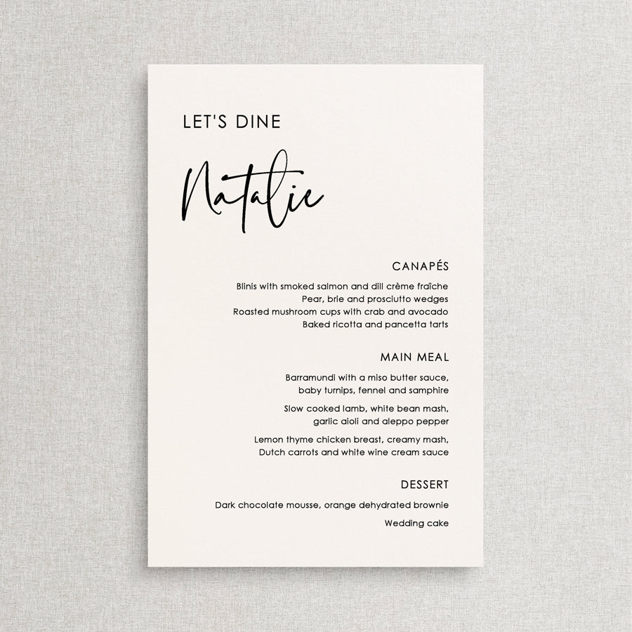 Vellum Wedding Menu With Navy Napkin