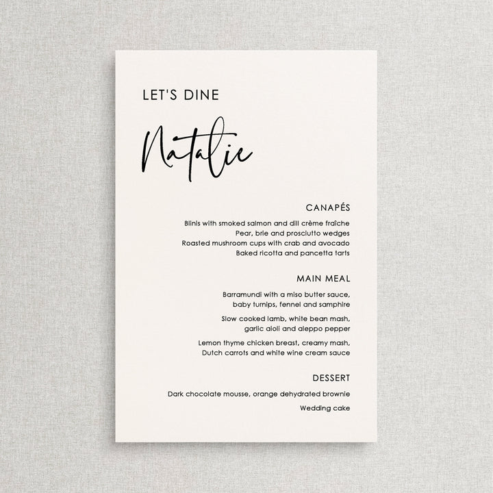 Modern wedding menu with Lets Dine for heading and guest name printing. Almond cardstock and black text. Designed in Australia.