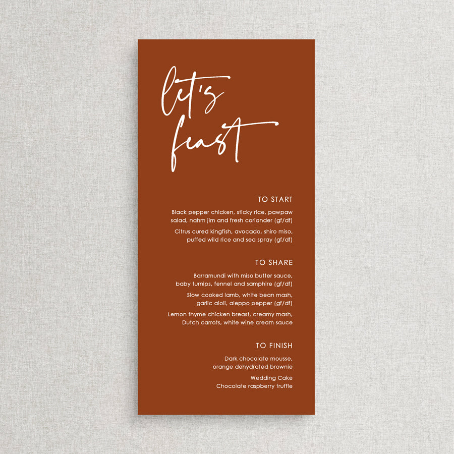 Modern wedding menu with Lets Dine for heading and guest name printing. Harvest or terracotta cardstock and white ink. Designed in Australia.