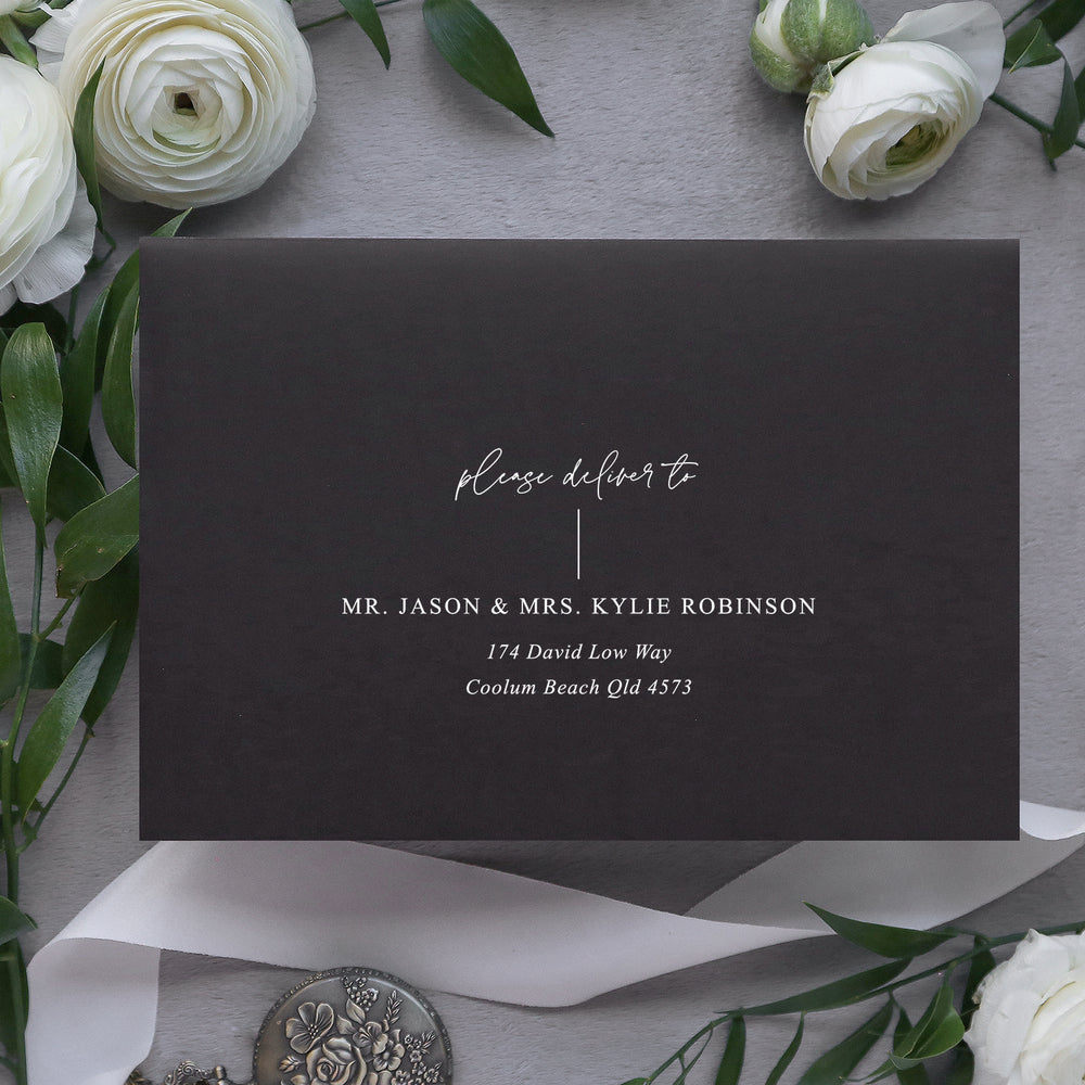 Wedding Invitation Envelope design and printing in white ink on black envelopes. Peach Perfect Australia.