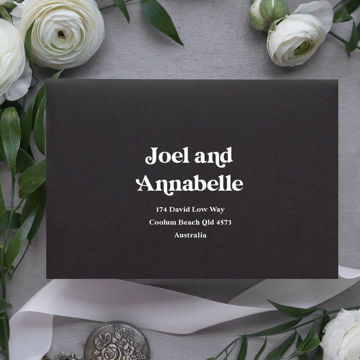 Wedding Invitation Envelope design and printing in white ink on black envelopes. Peach Perfect Australia.